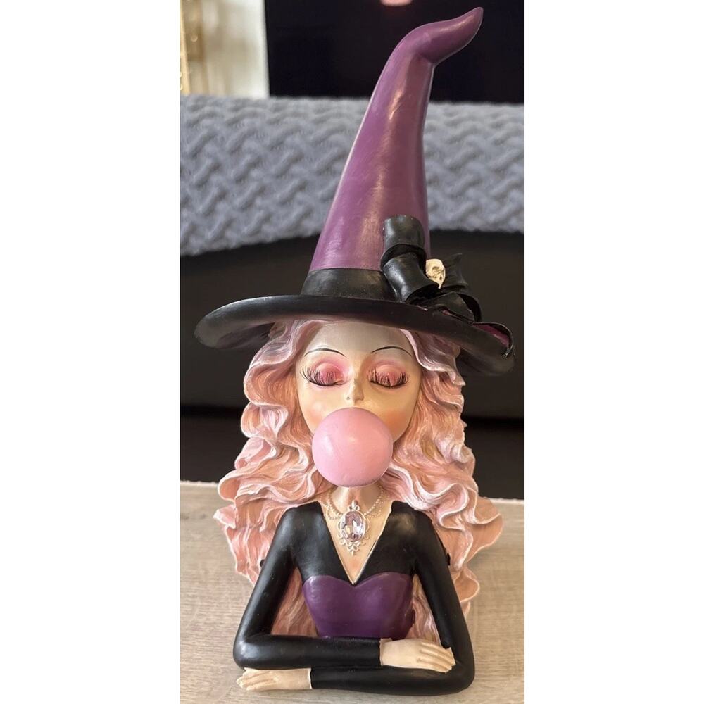 New Witch Blowing Bubble Figure Wearing Skull Bow Eyelashes Halloween Decor 12”